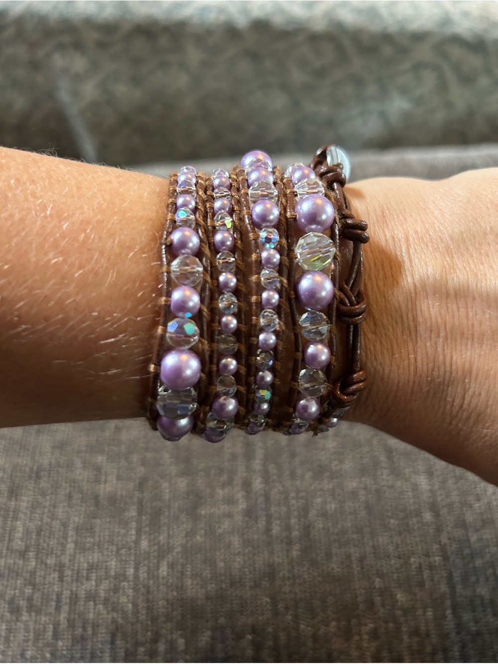 Lavender Pearl & Crystal beaded Multi-Strand leather Wrap Bracelet